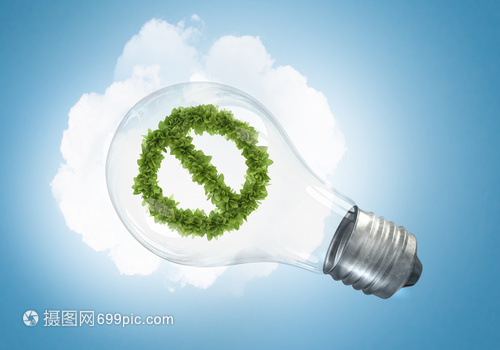 节能璃灯泡中绿色停止标志的图像